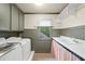 Functional laundry room with a washing machine, dryer, cabinets, and a utility sink at 1781 Point Pleasant Se, Smyrna, GA 30080