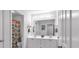 Bathroom featuring a double sink vanity with modern lighting and colorful shower curtain at 6236 Millstone Trl, Douglasville, GA 30135