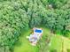 Aerial view of a home nestled among trees featuring a blue pool and verdant surroundings at 2071 Habersham Cir, Covington, GA 30014