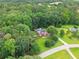 Aerial view showcasing the home's backyard pool area and surrounding greenery and mature trees at 2071 Habersham Cir, Covington, GA 30014