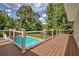 Spacious deck with safety railing offers panoramic views of the backyard and swimming pool at 522 Golfview Dr, Peachtree City, GA 30269