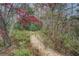 Landscaped backyard with a small wooden bridge crossing a fern-lined path at 1216 Valley Dr, Conyers, GA 30012