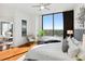 A bright bedroom with hardwood floors and a stunning skyline view from the expansive window at 2828 Peachtree Nw Rd # 1502, Atlanta, GA 30305