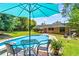 Enjoy the views from this backyard patio, equipped with in-ground swimming pool and lush landscaping at 579 Chapman Dr, Marietta, GA 30066