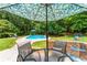 Relax in this beautiful backyard with swimming pool, lush greenery, and outdoor seating under a patterned umbrella at 579 Chapman Dr, Marietta, GA 30066