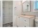 Bathroom showing vanity with white cabinets, shelving and neutral countertops at 5093 Ravenwood Dr, Marietta, GA 30066