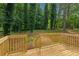 A wooden deck overlooks a lush, wooded backyard with mature trees and natural landscape at 658 Slew Ave, Lawrenceville, GA 30043