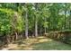 View of a lush, green backyard with mature trees and a play set at 1590 Sunnybrook Farm Rd, Atlanta, GA 30350