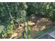 Aerial view of backyard showcasing landscaped yard with mature trees at 1590 Sunnybrook Farm Rd, Atlanta, GA 30350