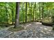 Picturesque backyard featuring a stone patio and mature trees, offering a serene outdoor living space at 1590 Sunnybrook Farm Rd, Atlanta, GA 30350