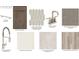 Selection of kitchen samples, including cabinets, backsplash, faucet, carpet, quartz countertop, tile, and flooring at 4034 Dantry Ln, Buford, GA 30519