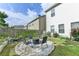 Landscaped backyard featuring a stone fire pit with chairs, perfect for outdoor entertaining at 1767 Weatherbrook Cir, Lawrenceville, GA 30043