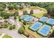 Aerial view of several well-maintained tennis courts near a lake with parking and landscaping in a community at 5600 Buck Hollow Dr, Alpharetta, GA 30005