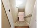 Carpeted staircase leads down to the basement level of the home, lit with sconce lighting at 35 Inverleigh Row, Covington, GA 30014