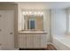 Bathroom featuring a double vanity with granite countertop, white cabinets, and tub at 173 Parkview Place Dr, Mcdonough, GA 30253