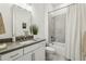 Modern bathroom features a shower-tub combination, gray countertops and white cabinets at 115 Ivey Way, Woodstock, GA 30188