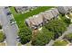 Aerial view of townhouses surrounded by lush trees, green lawns, and parking areas at 299 Azalea Cir, Cumming, GA 30040