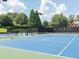 Well-maintained blue tennis courts surrounded by mature trees providing nice shade at 1630 Reindeer Rdg, Alpharetta, GA 30005