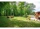 Lush backyard featuring a mature tree line, manicured lawn and various flower beds at 655 Stone Harbor Sw Pkwy, Marietta, GA 30060