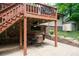 Outdoor patio seating area beneath the deck, with stone accents, ideal for relaxing and entertaining at 655 Stone Harbor Sw Pkwy, Marietta, GA 30060