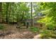 Backyard view of the home highlighting mature trees, a shed, and a patio space for outdoor living at 4672 Satellite Blvd, Duluth, GA 30096