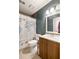 Bathroom with vanity, toilet and bathtub featuring a world map shower curtain at 4672 Satellite Blvd, Duluth, GA 30096