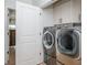 Functional laundry room equipped with modern washer, dryer, and storage cabinets at 100 Villa Magnolia Ln, Alpharetta, GA 30009