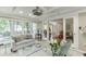 Comfortable sun room with fireplace, large windows overlooking a lush green landscape, vaulted ceilings, and neutral decor at 3219 Parkridge Crescent, Chamblee, GA 30341