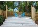 Backyard deck with a firepit and matching blue chairs surrounded by a tall wooden fence at 200 Ennisbrook Se Dr, Smyrna, GA 30082