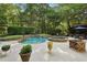 Lush backyard featuring a large pool, lounge chairs, and verdant landscaping, creating a serene retreat at 205 Pine Lake Dr, Cumming, GA 30040