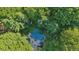 Aerial view of a kidney-shaped pool surrounded by lush trees and greenery at 205 Pine Lake Dr, Cumming, GA 30040