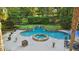 Kidney-shaped pool with a hot tub, waterfall feature, and surrounding greenery at 205 Pine Lake Dr, Cumming, GA 30040