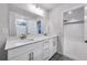 Bright bathroom featuring a double vanity with white cabinets and granite countertops at 6096 Marigold Way, Atlanta, GA 30349