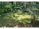A secluded backyard with a fire pit, surrounded by lush greenery and dappled sunlight at 104 Southfork Dr, Woodstock, GA 30189