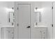 Bright bathroom featuring double sinks, sleek cabinetry, modern fixtures, and stylish lighting at 1835 Taylor Ave, East Point, GA 30344