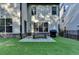 Backyard with artificial turf, a picnic table, black grill, and black fence at 4335 Bellview Ln, Duluth, GA 30097