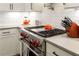 Close-up of a stainless steel range and countertop in a modern kitchen with white cabinets at 506 Broadview Ne Pl, Atlanta, GA 30324