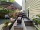 Outdoor living space featuring comfortable wicker furniture, a covered table, and a lush backyard view creating a relaxing ambiance at 127 Spring Way Sq, Canton, GA 30114