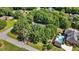 Overhead shot of a home with a pool, surrounded by mature trees, offering privacy and a beautiful landscape at 401 Riverwalk, Mcdonough, GA 30252