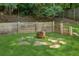 Backyard with a wooden retaining wall, firepit, and stone pavers on a lush lawn at 120 Timbervalley Ln, Lawrenceville, GA 30043