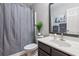 Bathroom with a gray shower curtain and a single sink at 120 Timbervalley Ln, Lawrenceville, GA 30043