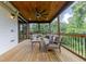 Relaxing screened patio with wood ceiling, ceiling fan, and cushioned outdoor furniture at 521 Andes Ln, Canton, GA 30114
