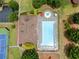 Aerial view of a community pool with lounge chairs and umbrellas surrounding a large, inviting swimming area at 521 Andes Ln, Canton, GA 30114