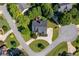 Aerial view of a landscaped home showcasing its circular driveway, mature trees, and backyard deck at 801 Windsor Rdg, Canton, GA 30115
