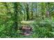 Expansive wooded backyard with lush greenery and a small rustic bridge walkway at 2532 Millbrook Dr, Snellville, GA 30078