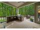Covered outdoor living space features a built-in grill, bar seating, an outdoor dining area, and a backyard view at 4435 Pemberton Cv, Johns Creek, GA 30022