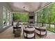 Covered outdoor living space with a fireplace, TV, plenty of seating, and a gorgeous backyard view at 4435 Pemberton Cv, Johns Creek, GA 30022