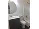 Bathroom featuring gray vanity with sink, mirror, toilet and shower at 3186 Kingswood Gln, Decatur, GA 30034
