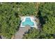 Aerial view of a community pool surrounded by mature trees and landscaping at 22 Dunwoody Springs Dr, Atlanta, GA 30328