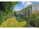 Backyard with artificial grass, beautiful garden, and an outdoor patio at 3804 Tattenhall Drive Dr, Cumming, GA 30040
